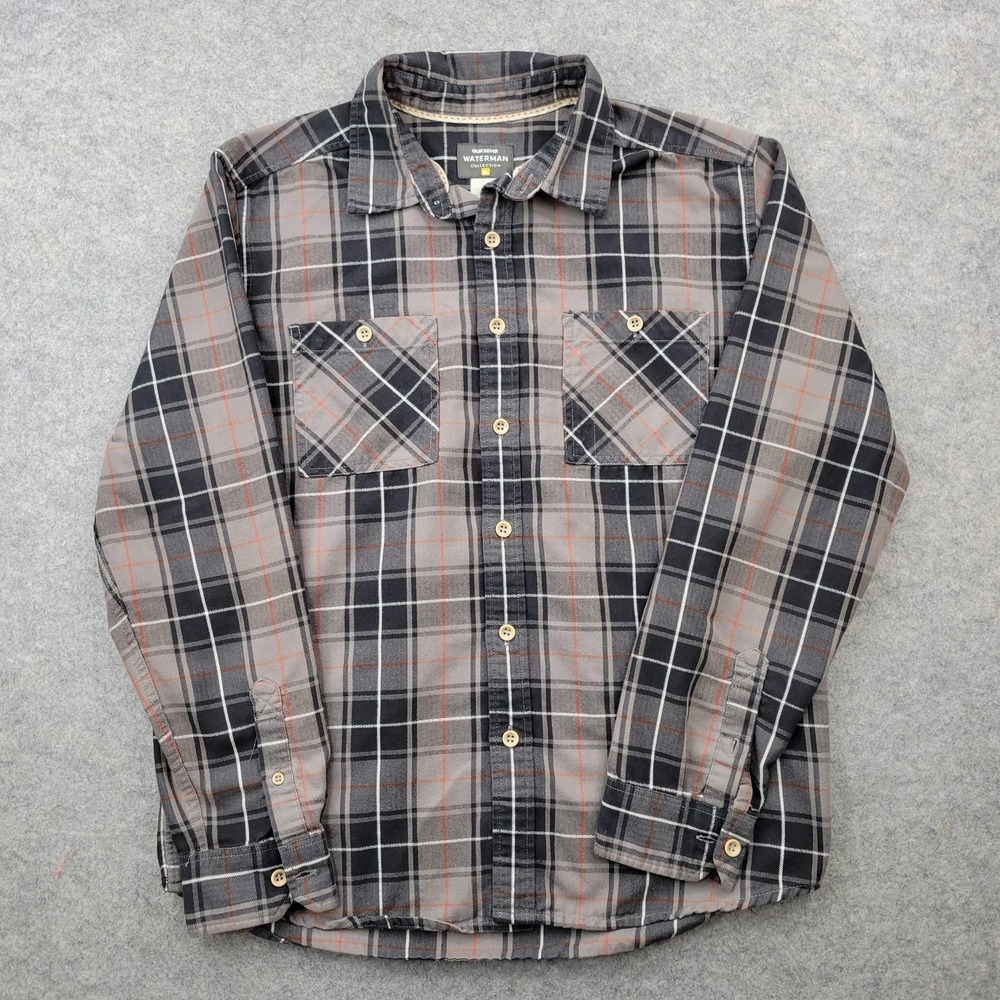 Quiksilver Waterman Shirt Mens Small Gray Plaid Flannel Button Front Long Sleeve